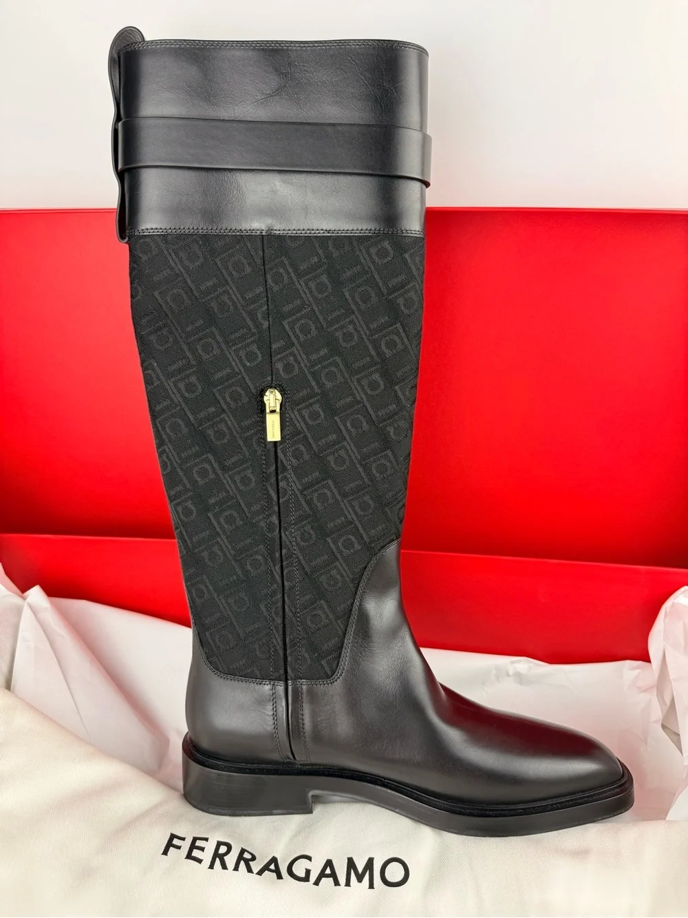 Ferragamo Roly T Black Leather Monogram Hug Buckle Knee High Boots Size 7C